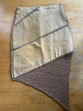 Asymmetric Two-Tone Crochet Panel Skirt - Brown/Cream